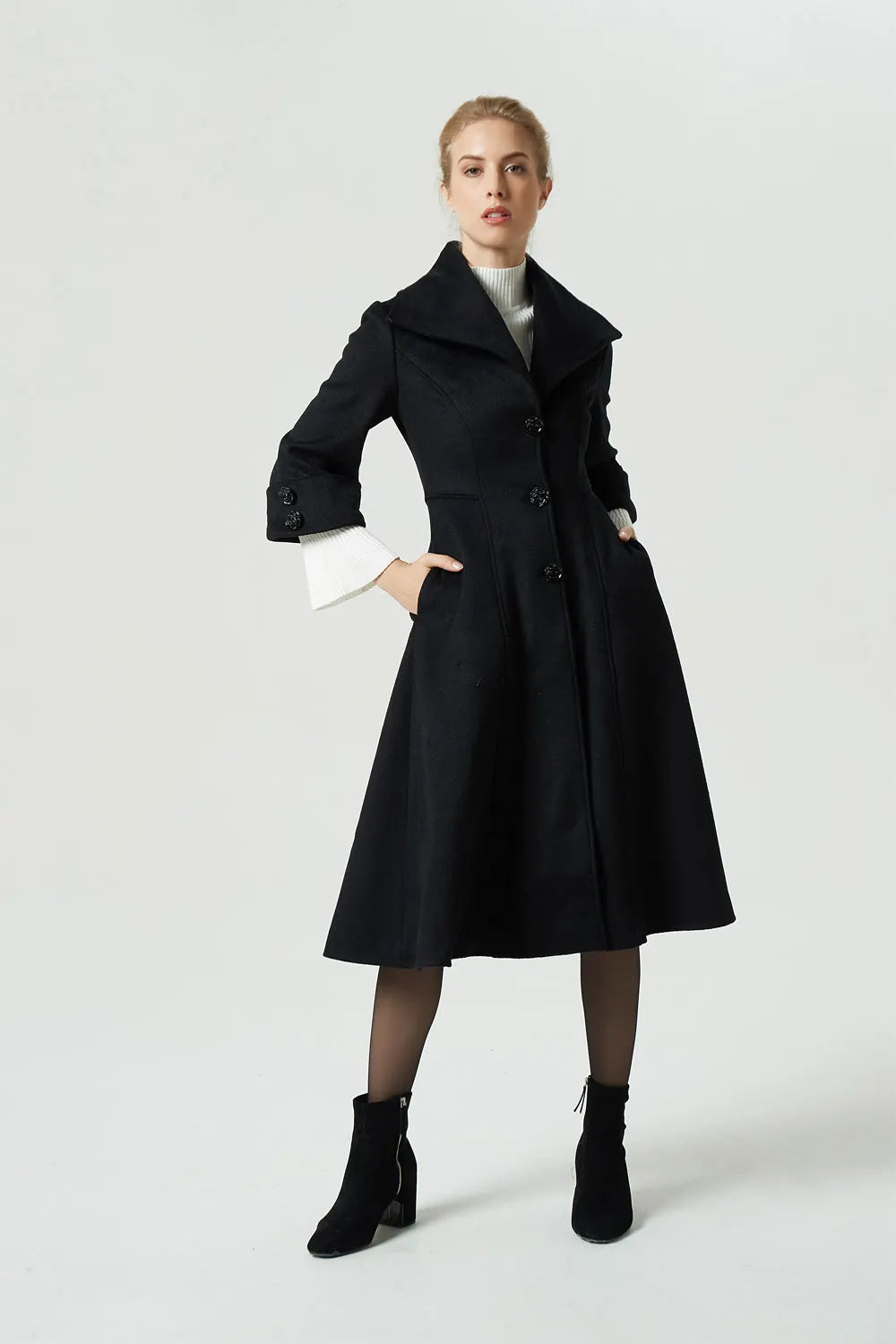 Black Wool Winter Coat – Big Lapel Fitted Midi Coat with 3/4 Sleeves 