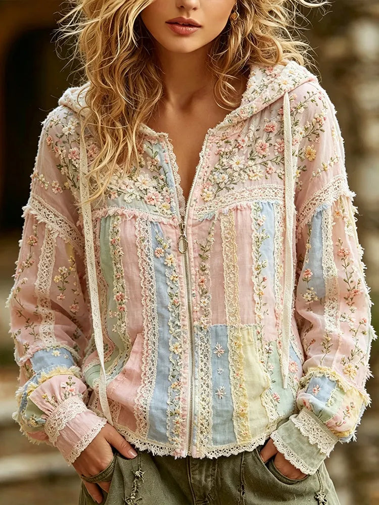 Women's Pink Small Floral And Lace Art Hooded Zip-up Long Sleeve Sweatshirt
