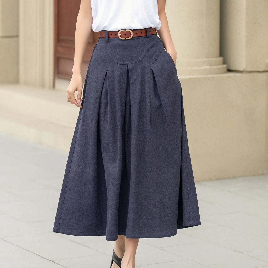 Dark Blue Linen Cotton Midi Skirt - A-Line with Pockets 4943