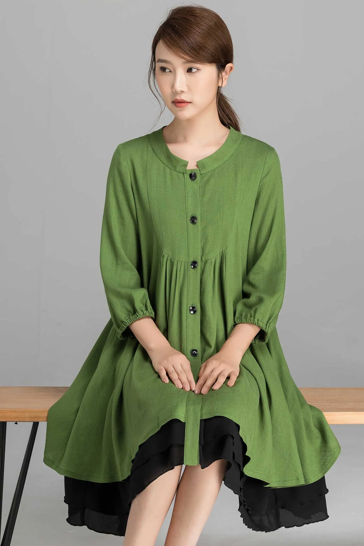 Army Green Linen Shirt Dress - Bishop Sleeve, Oversized Tunic 2356