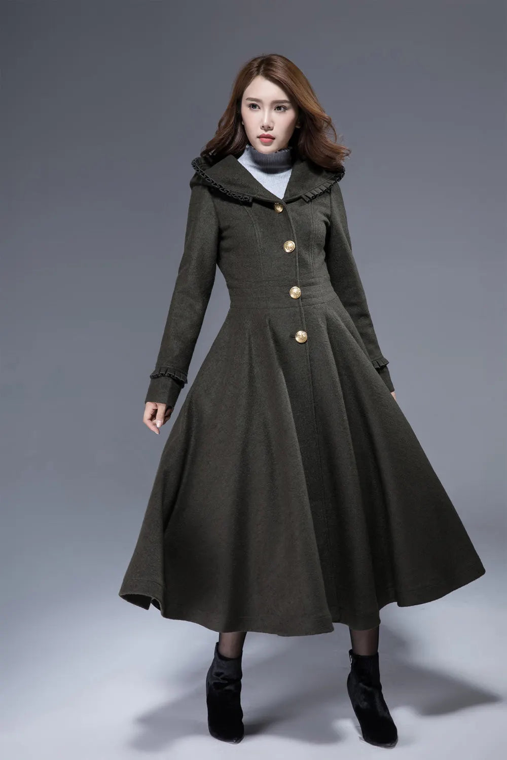 Army Green Hooded Wool Maxi Coat – Ruffle Trim Fit & Flare Winter Coat 