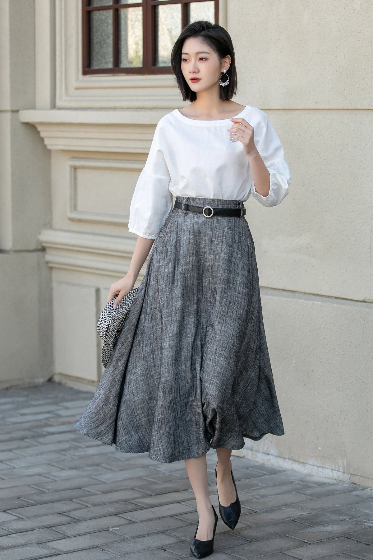 Handmade Gray Linen Skirt – Vintage A-Line Midi Skirt with Pockets 