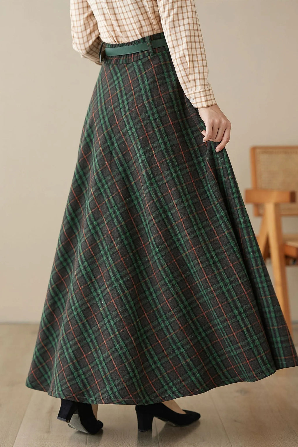 Green Plaid Wool Maxi Skirt – Vintage High Waist Ankle Length Winter Skirt with Pockets 4624