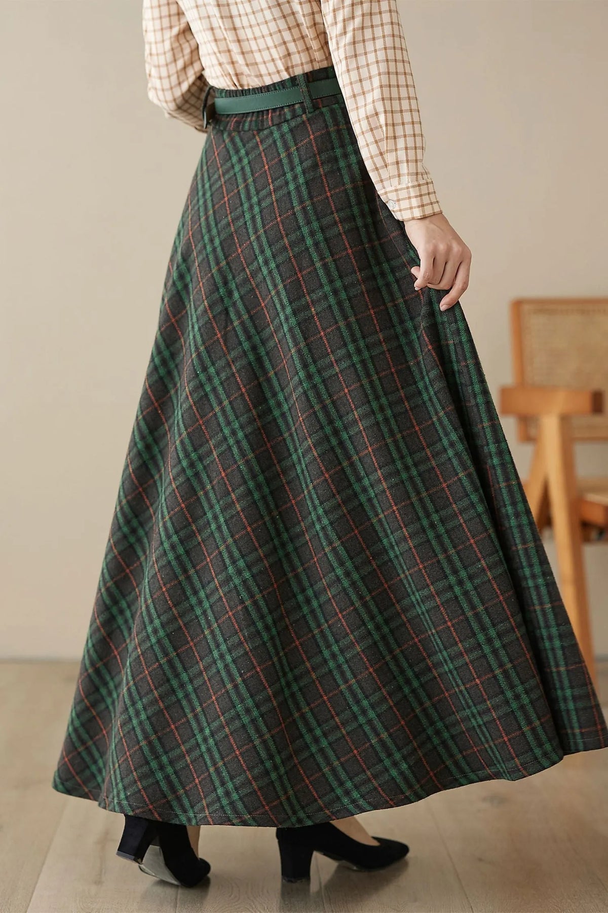 Plaid Wool Long Skirt - Flared Ankle-Length Classic 5260