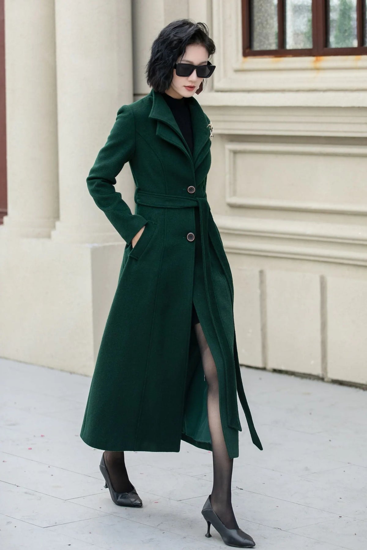 Wine Red Wool Midi Coat - Flared Silhouette with Waist Belt 5350