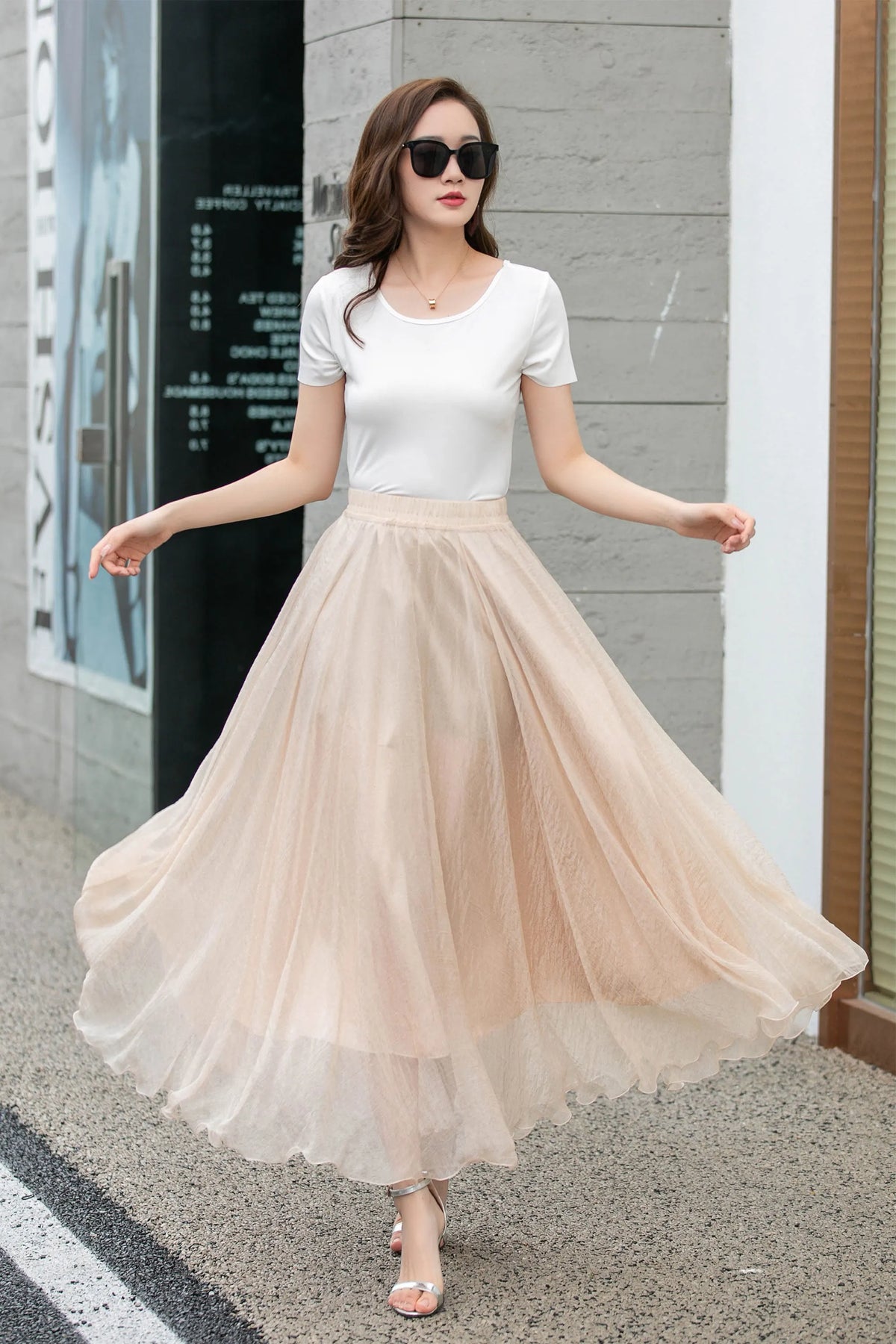 Handmade Beige Chiffon Swing Skirt – Flowing Maxi Circle Skirt 