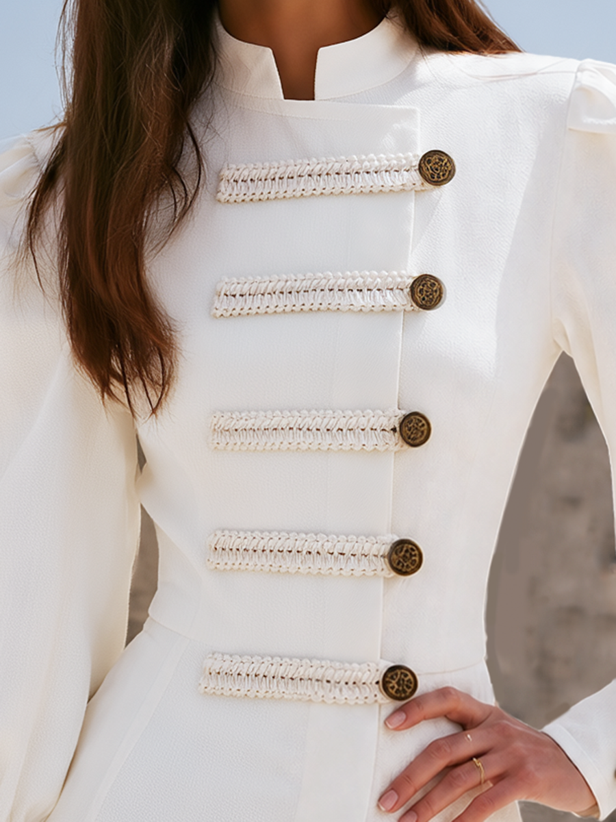 Ivory High-Neck Pearl-Trim Gold-Button Tailored Long Sleeve Statement Mini Dress