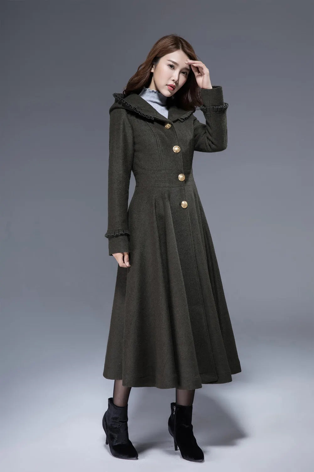Army Green Hooded Wool Maxi Coat – Ruffle Trim Fit & Flare Winter Coat 