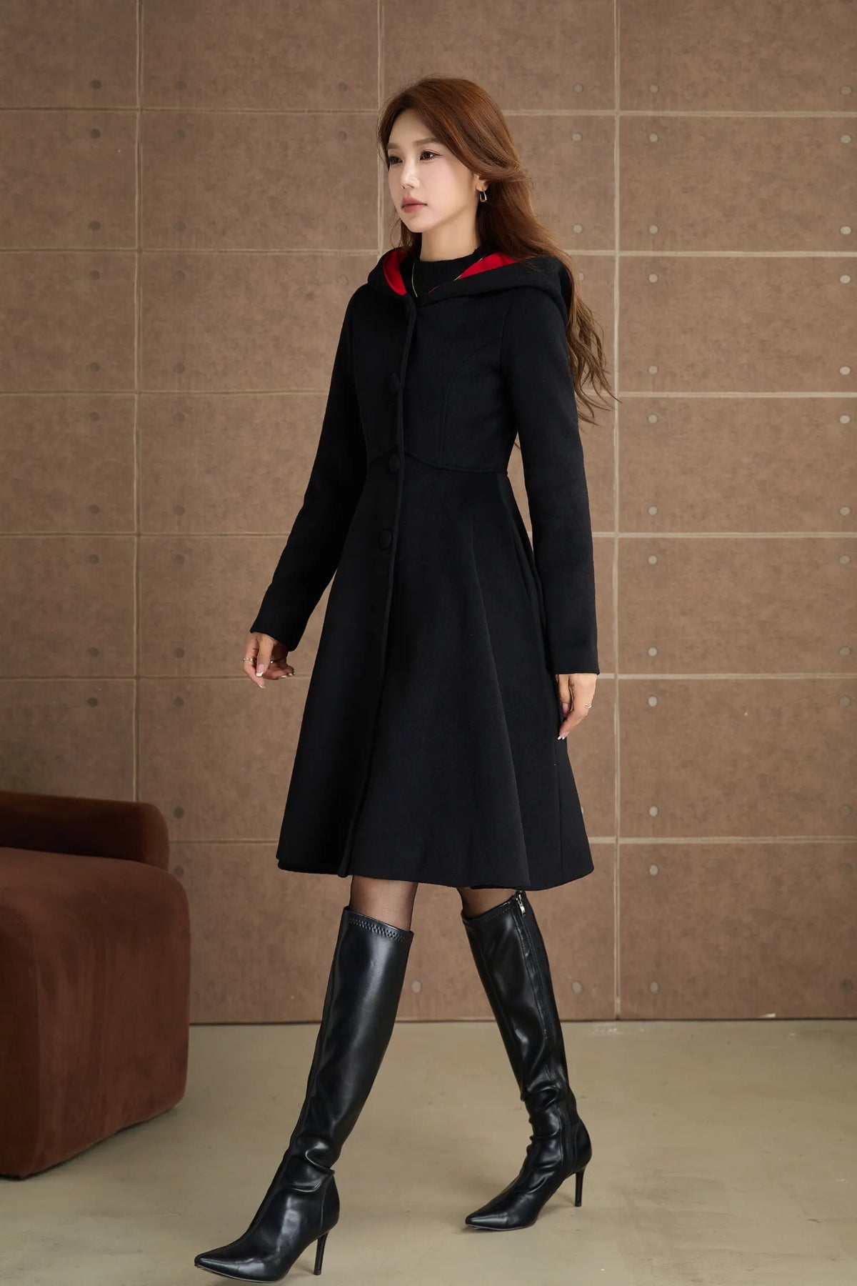 Black Wool Fit and Flare Coat - Hooded Silhouette with Satin Lining 5363