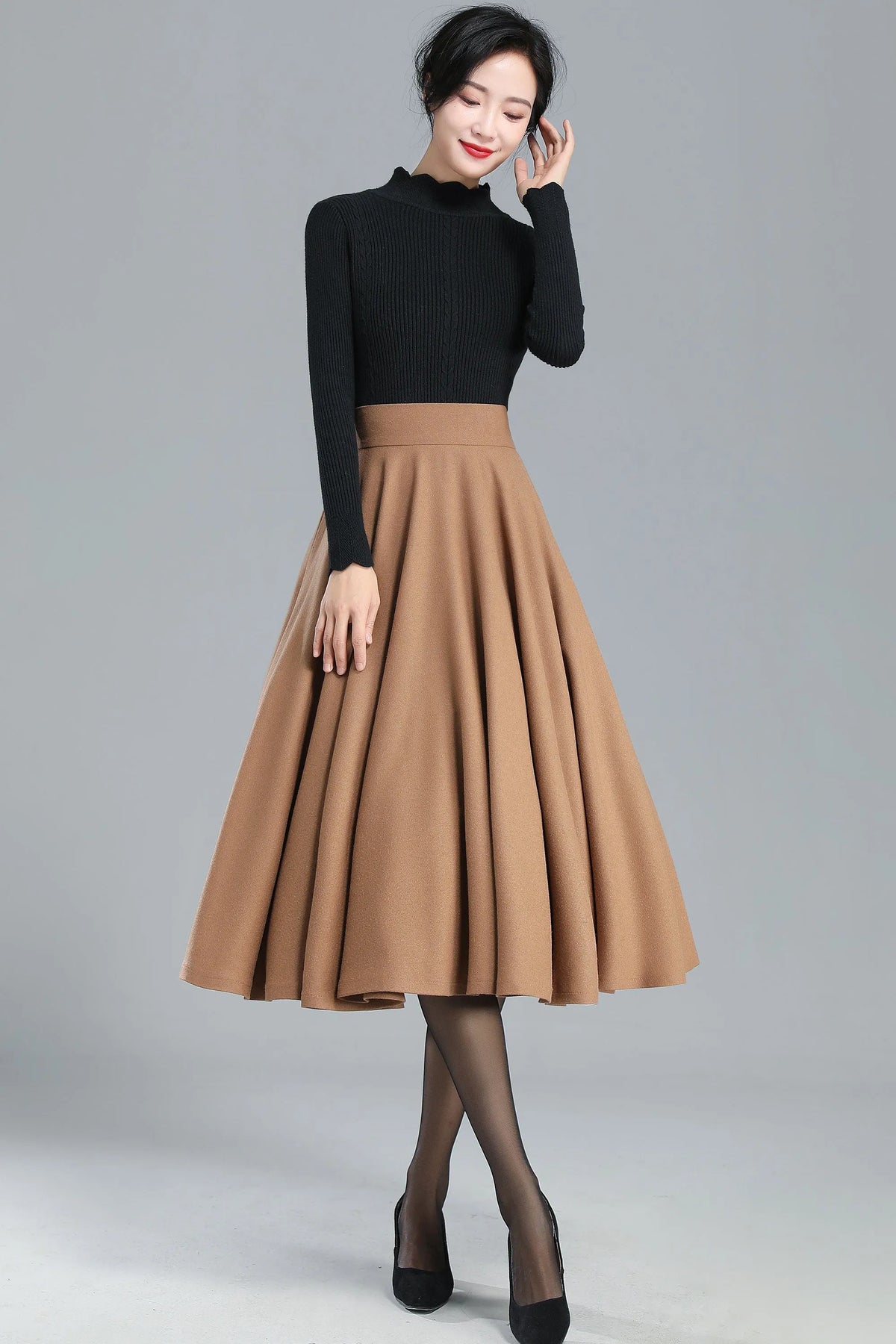 Camel Wool Midi Skirt - High-Waist A-Line Swing 3247
