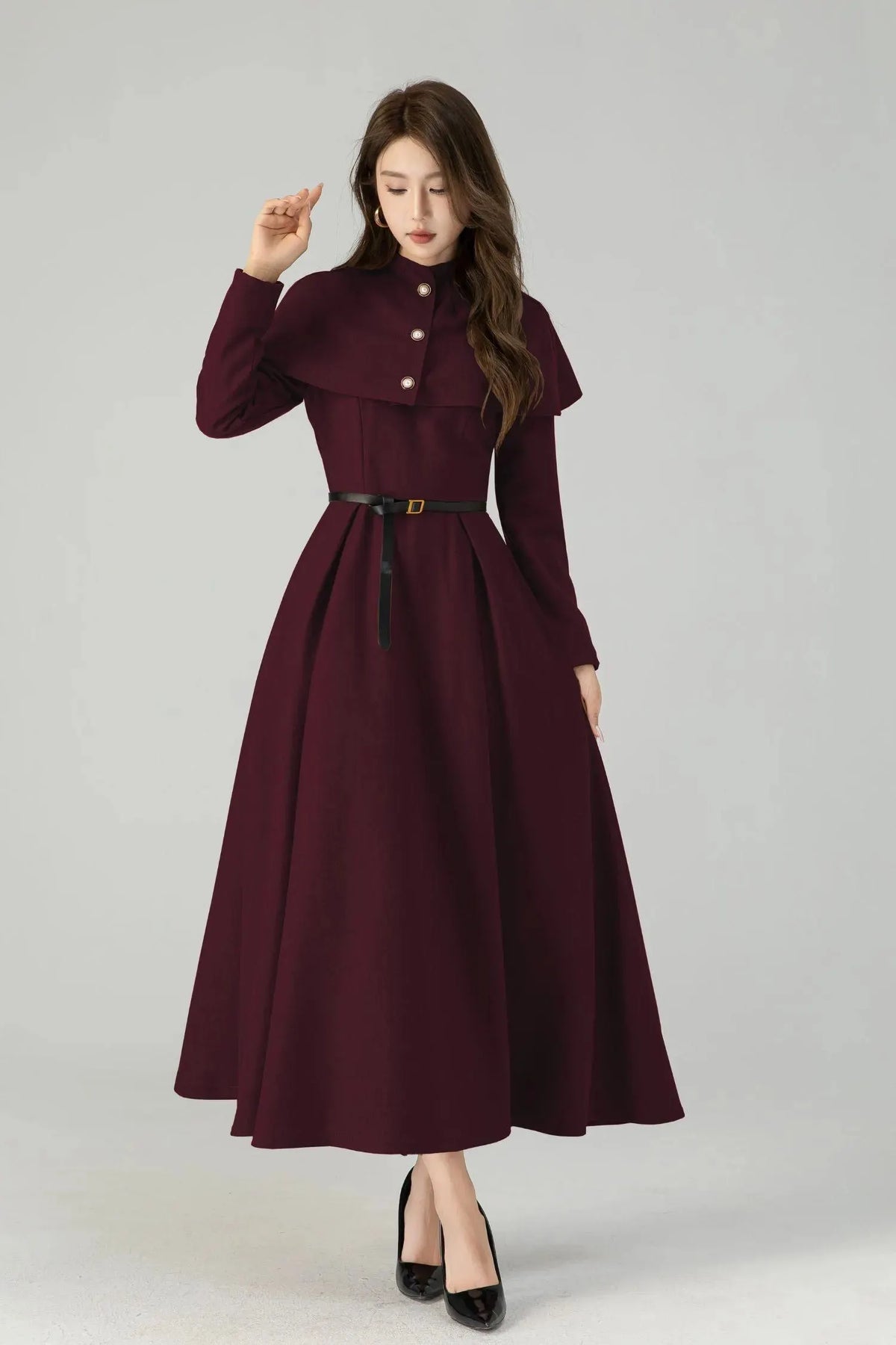 Burgundy Wool Blend Maxi Dress - Detachable Cape & Belted Waist 6434