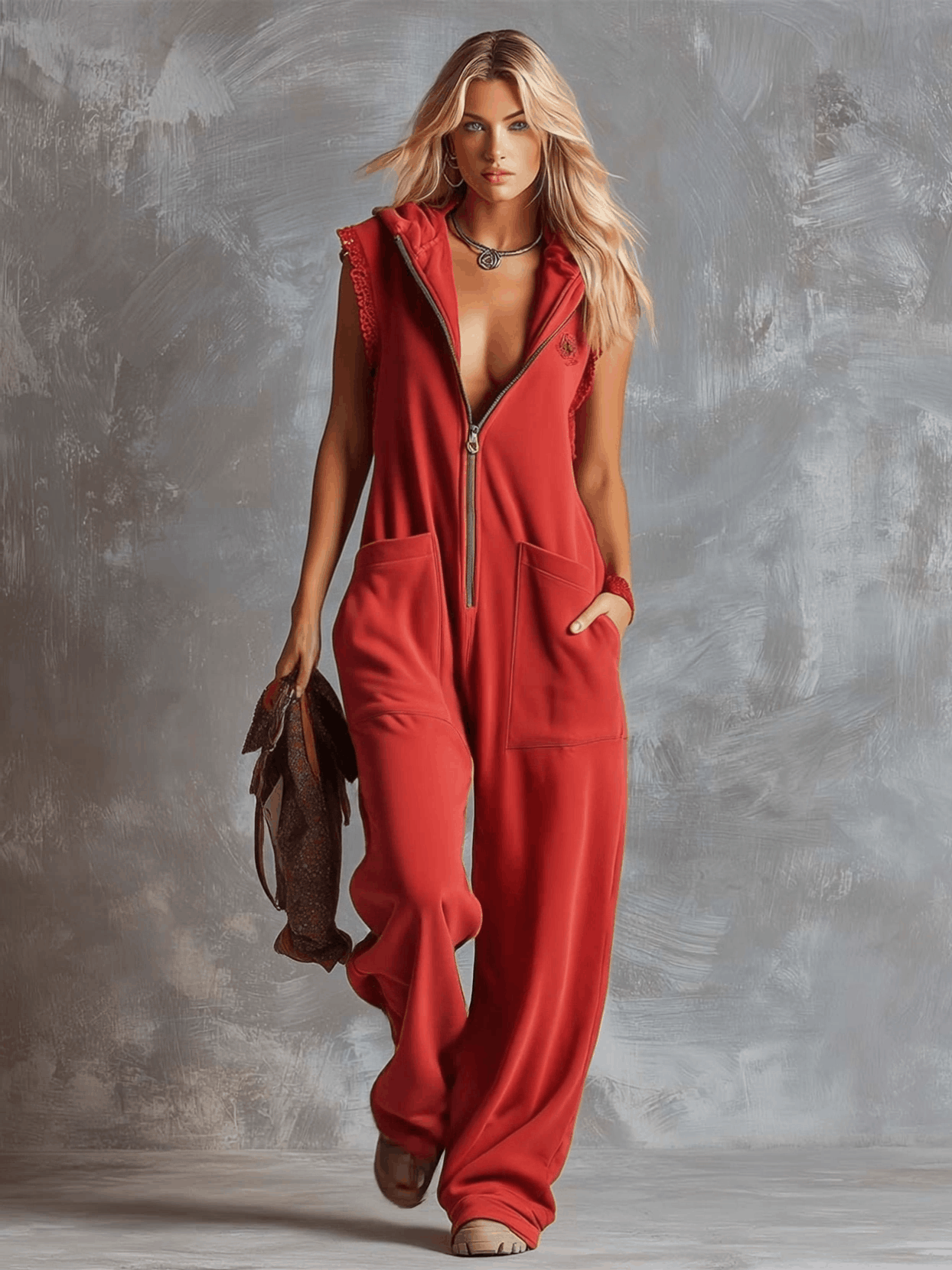 Retro Fashiona Sporty Hooded V-neck Front Zipper Raspberry Red Cotton Jumpsuit