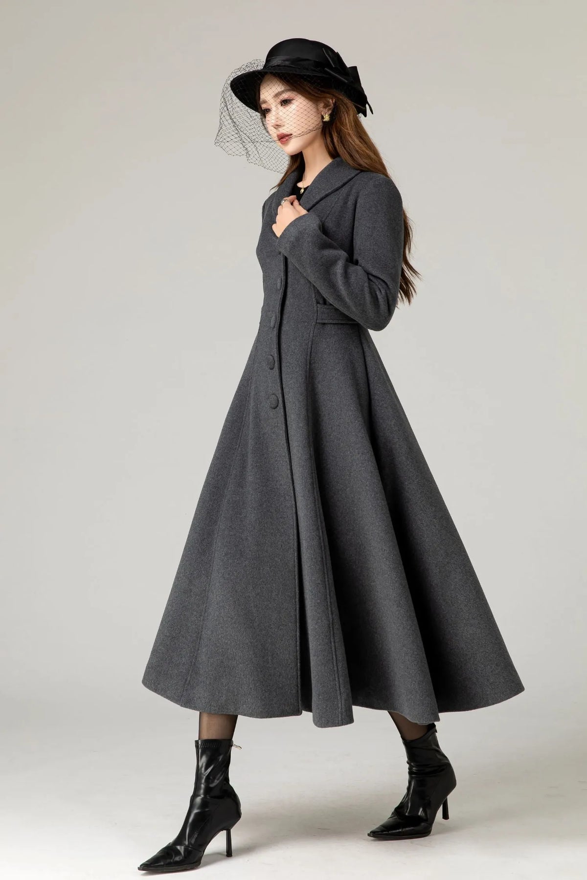 Handmade Charcoal Grey Wool Coat – Vintage Tailored A-line Long Winter Overcoat 