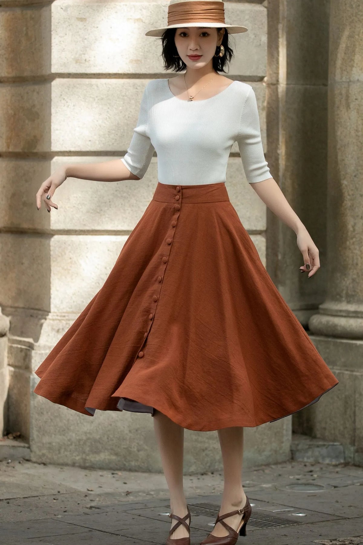 Handmade Linen Midi Skirt – Rust Brown Button Front Swing Skirt 