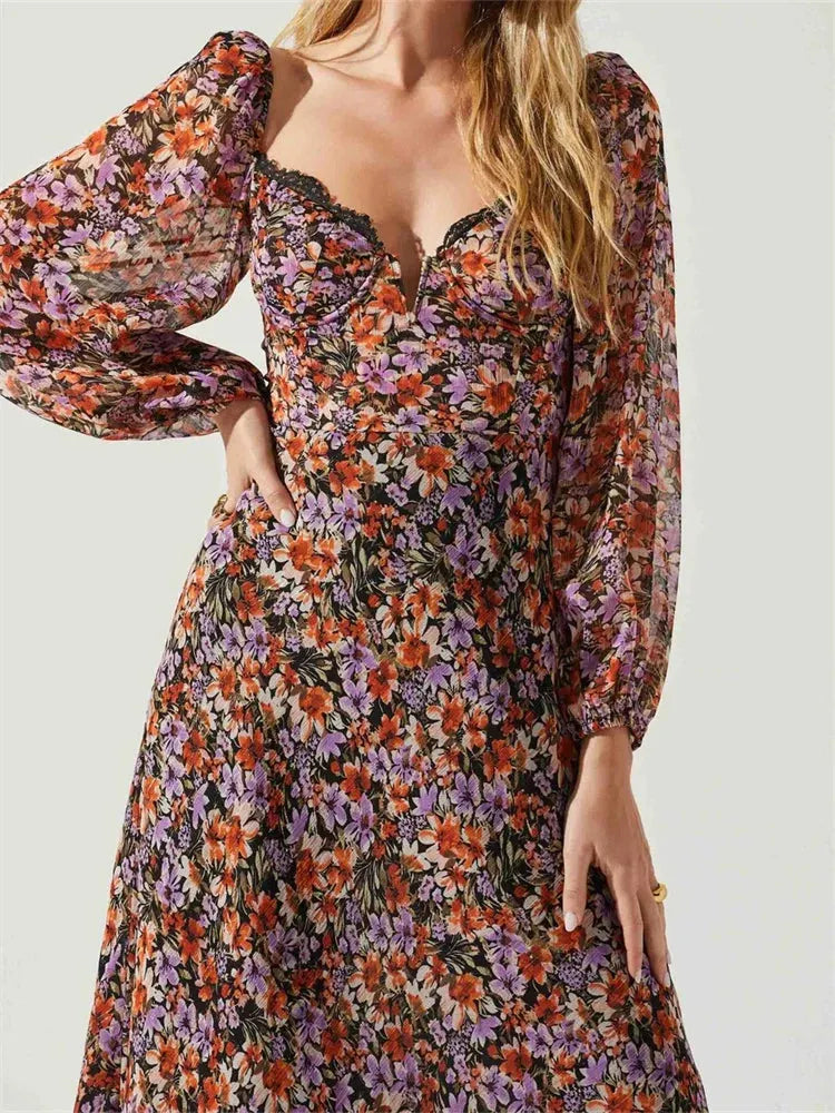 Women Spring Fall Vintage Floral Print V-neck Puff Sleeve Fashion Backless Holiday Vestido