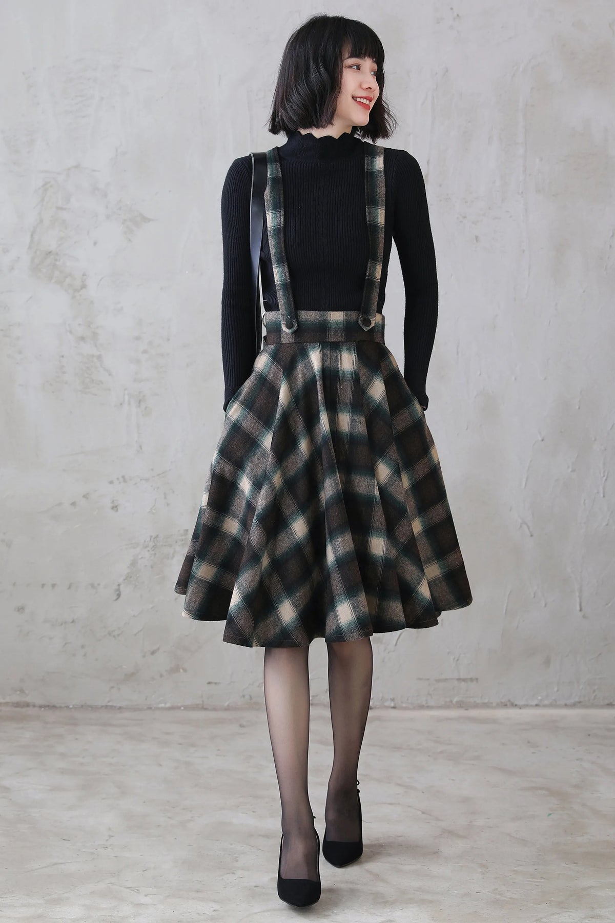 Plaid Wool Suspender Skirt - High-Waist Circle Shape with Adjustable Straps 3111