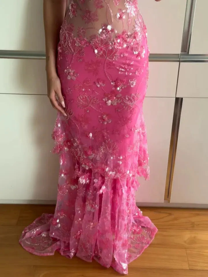 Pink Floral Beaded Sheer Mesh Spaghetti Strap Mermaid Train Evening Maxi Dress