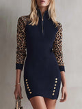 Preppy Leopard Long Sleeve Ribbed Knit Quarter Zip Bodycon Sweater Mini Dress