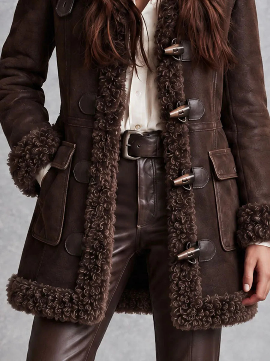 Boho Western Microsuede Toggle Button Shearling Coat With Fur Collar Cuffs