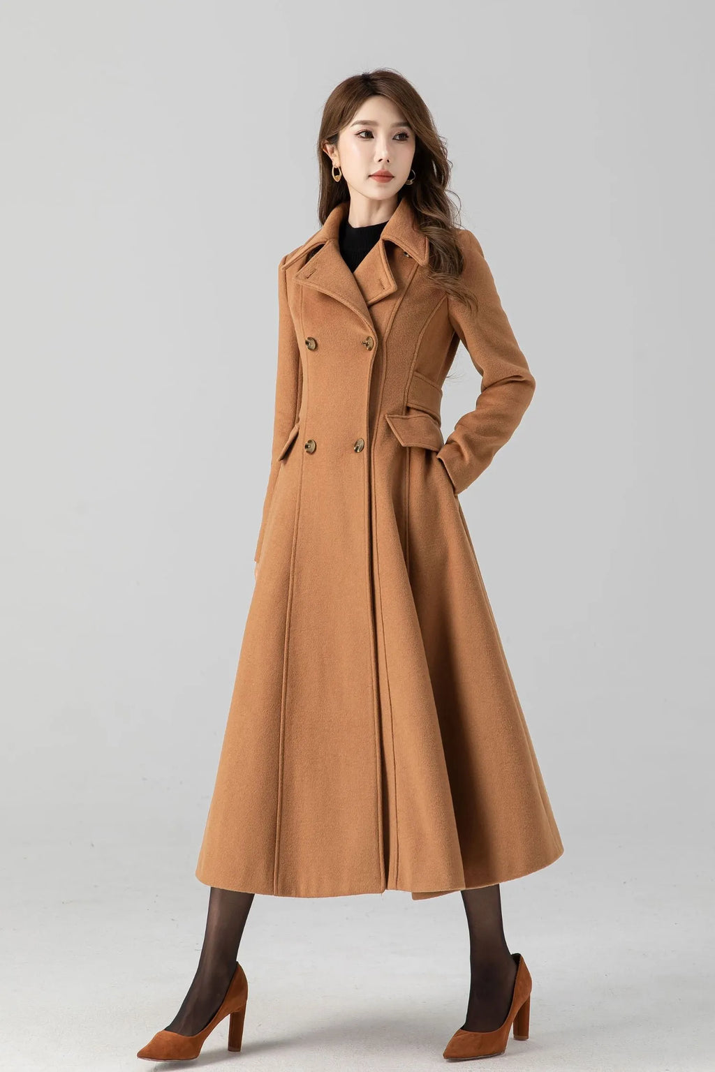 Camel Wool Swing Coat – Vintage Double Breasted Long Winter Overcoat 4668