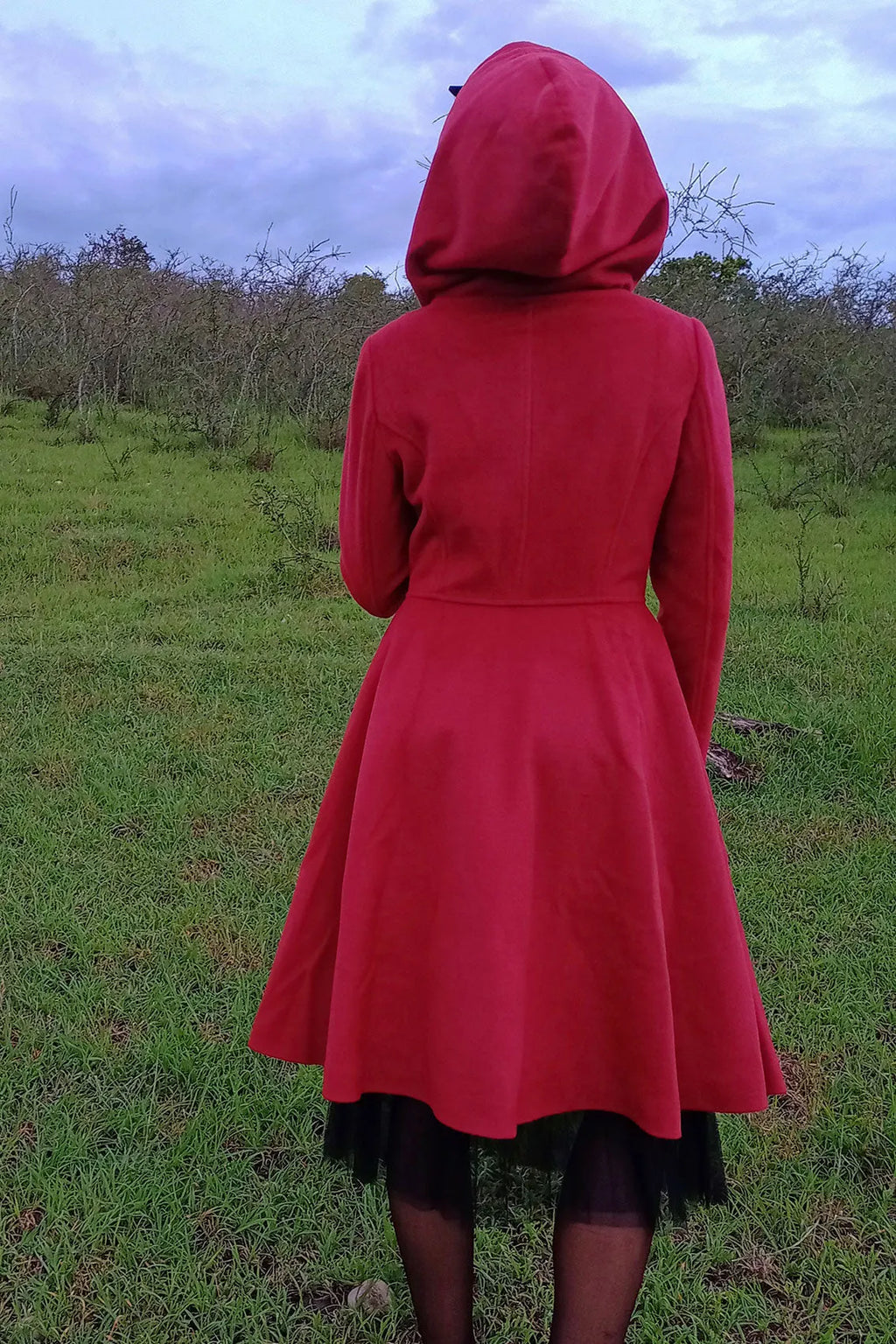 Red Wool Hooded Coat - Fit and Flare Swing Silhouette 3226