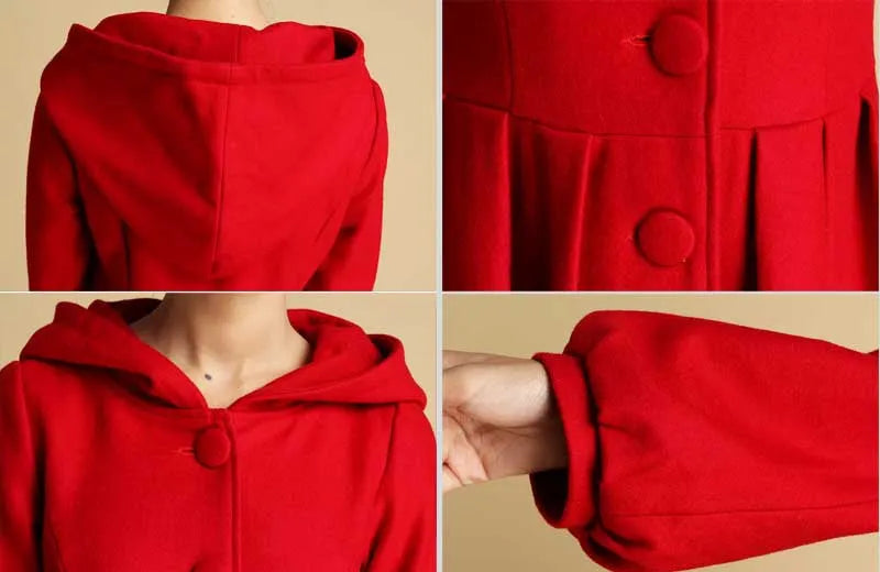 Red Hooded Wool Coat – Single-Breasted Winter Short Coat with Pockets 