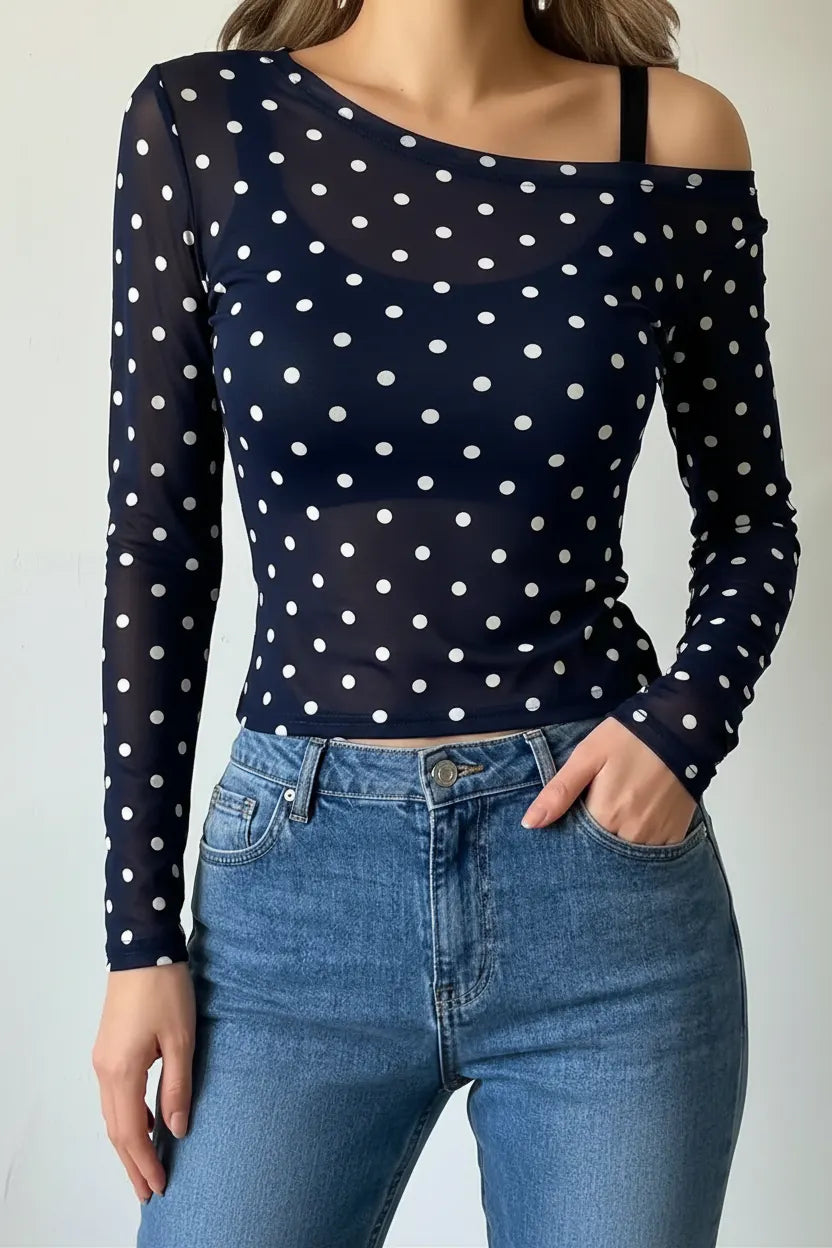 Polka Dot Cold Shoulder Long Sleeve Top
