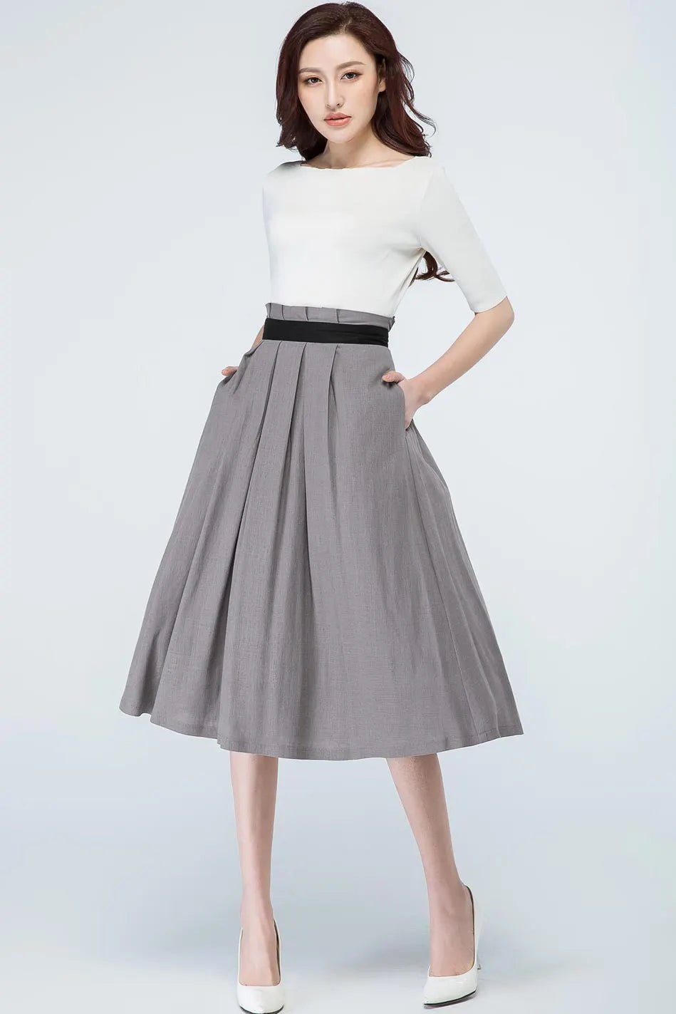 Grey Linen Blend A-Line Midi Skirt - Pleated Waist with Side Pockets 1691