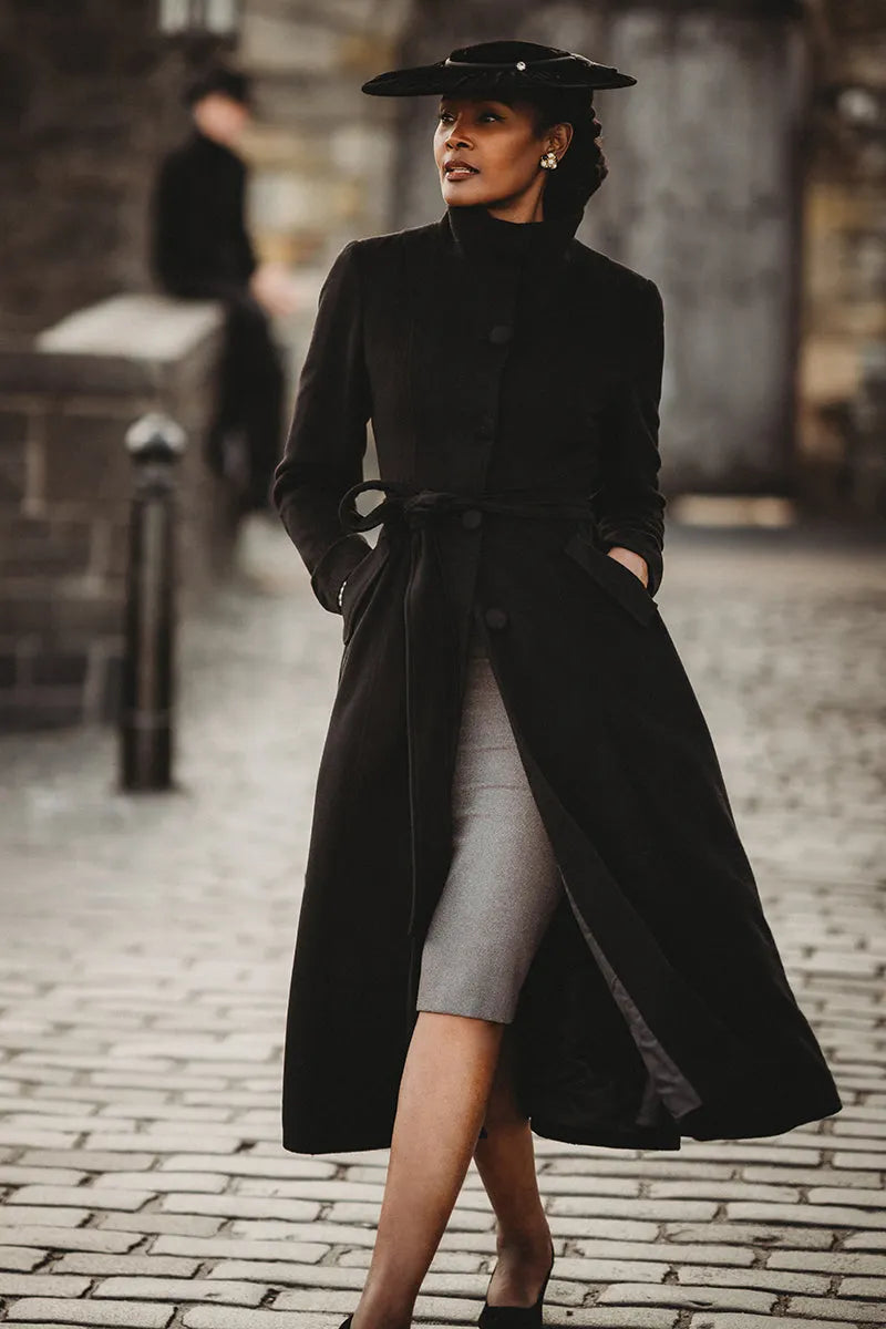 Handmade Black Wool Coat – Long Single-Breasted High-Collar Winter Overcoat for Women 