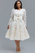 Wedding White Round Neck Long Sleeve Bow Tie Elegant 3D Midi Dresses
