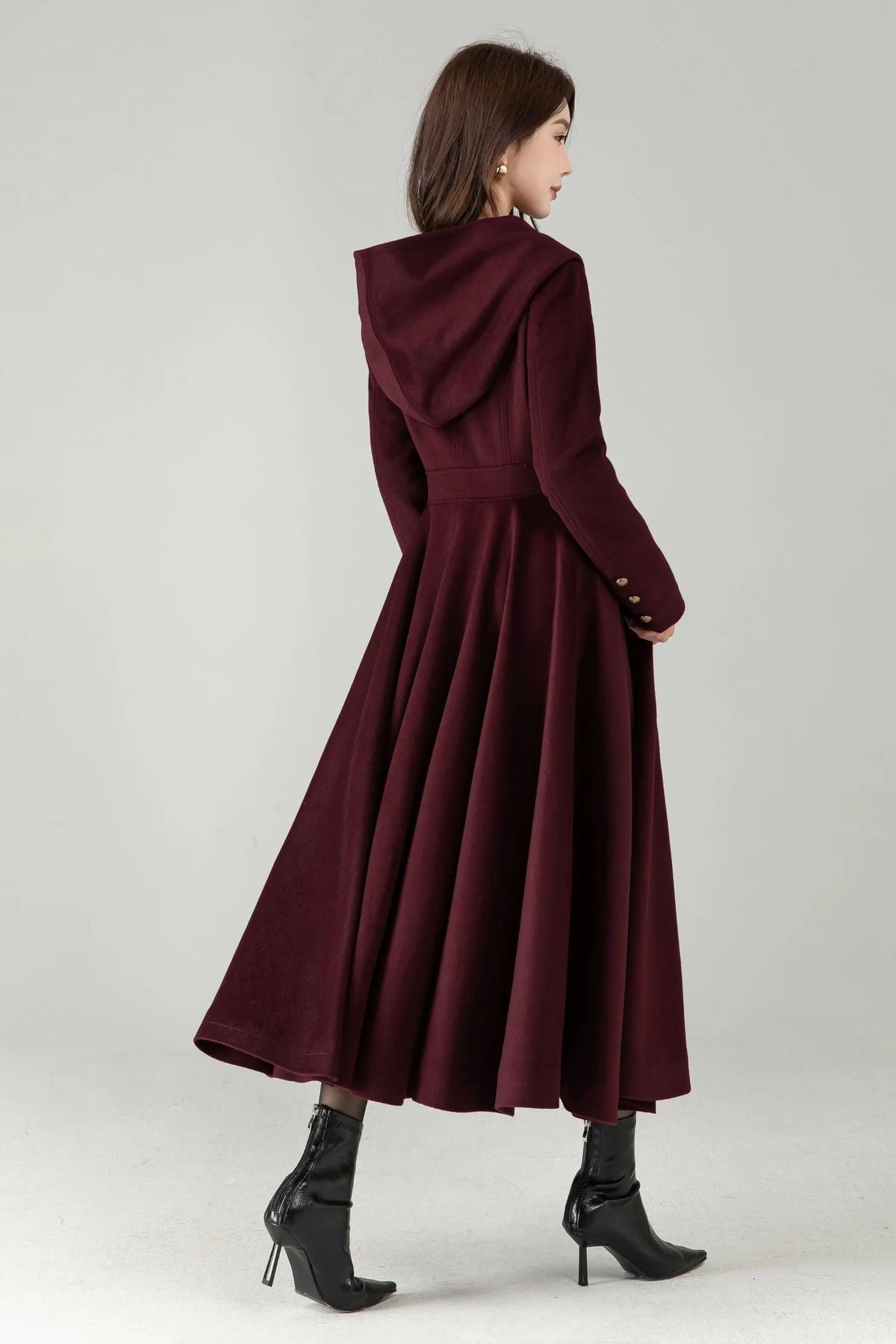 Hooded Burgundy Wool Coat – Elegant Double-Breasted Long Swing Coat 