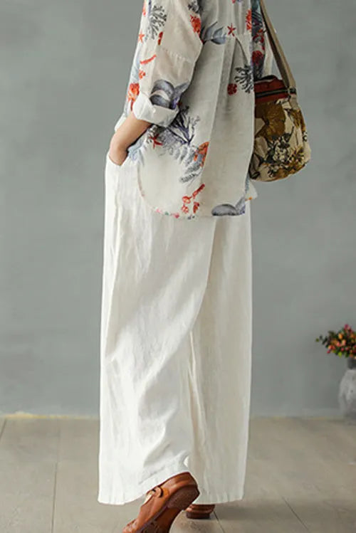 White Linen Blend Palazzo Pants - Elastic Waist, Relaxed Fit 2866