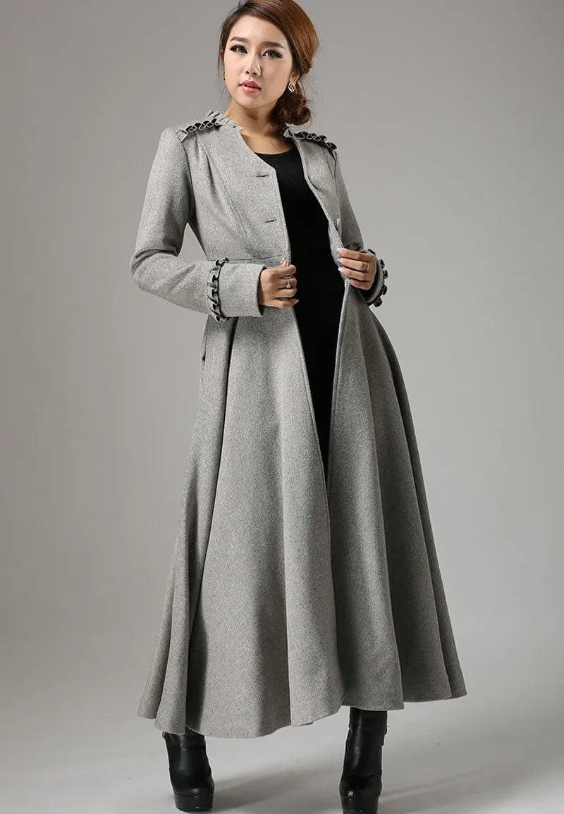 Gray Wool Maxi Coat for Women – Ruffle Trim Fit & Flare Winter Overcoat 731
