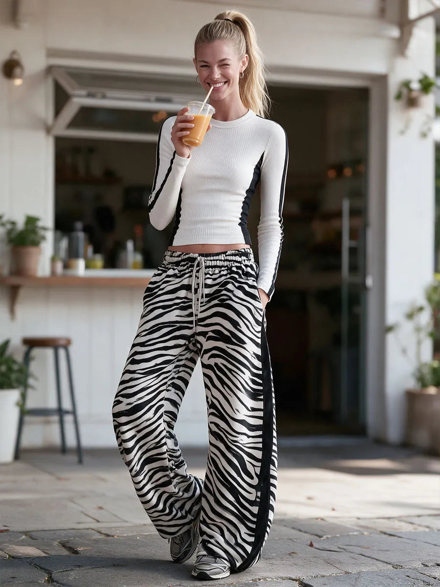 Casual Retro Black And White Color-Blocked Zebra Print Cotton Faux Suede Trim Pants
