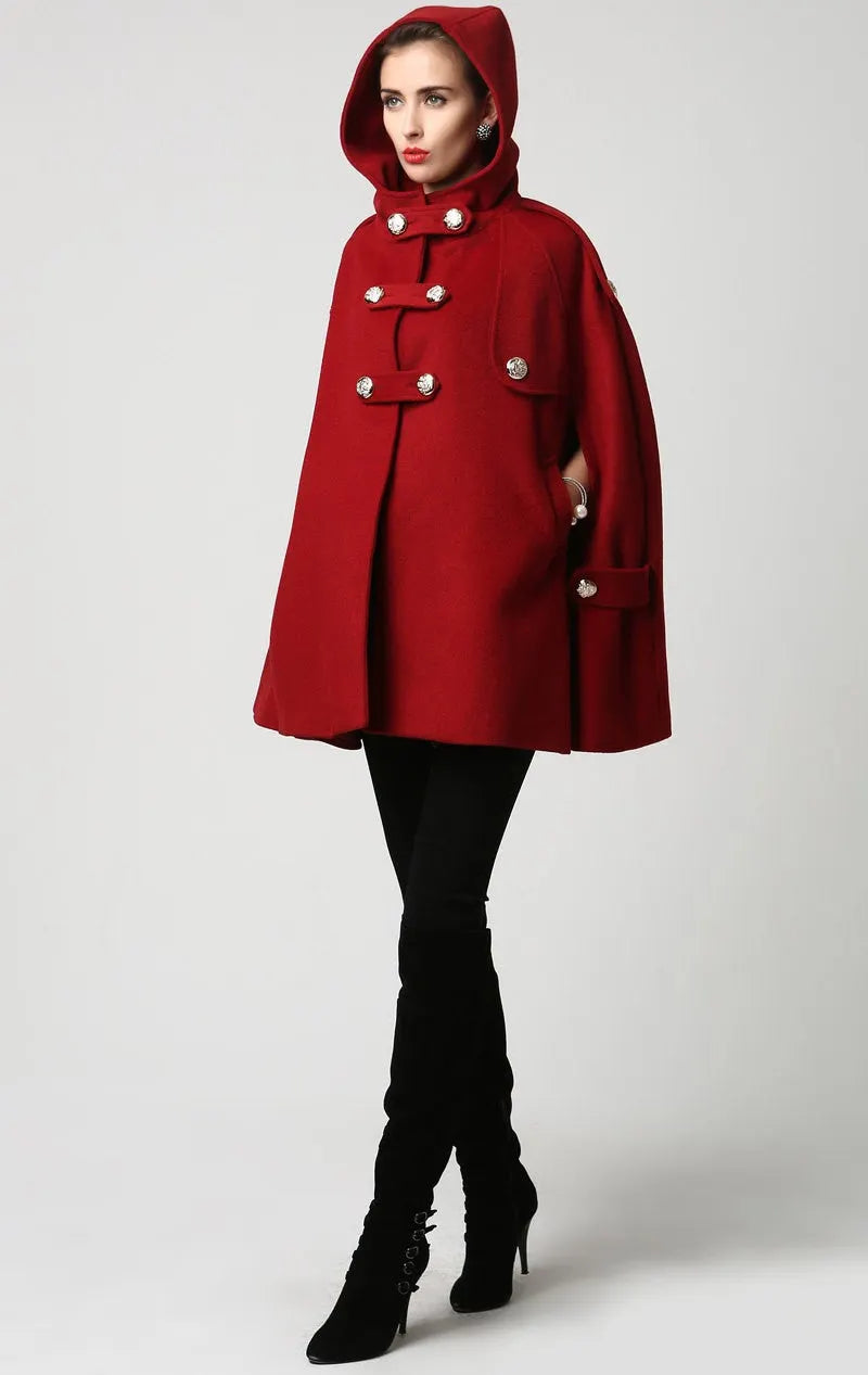 Handmade Wine Red Wool Cape Coat – Hooded Double-Breasted Winter Overcoat 
