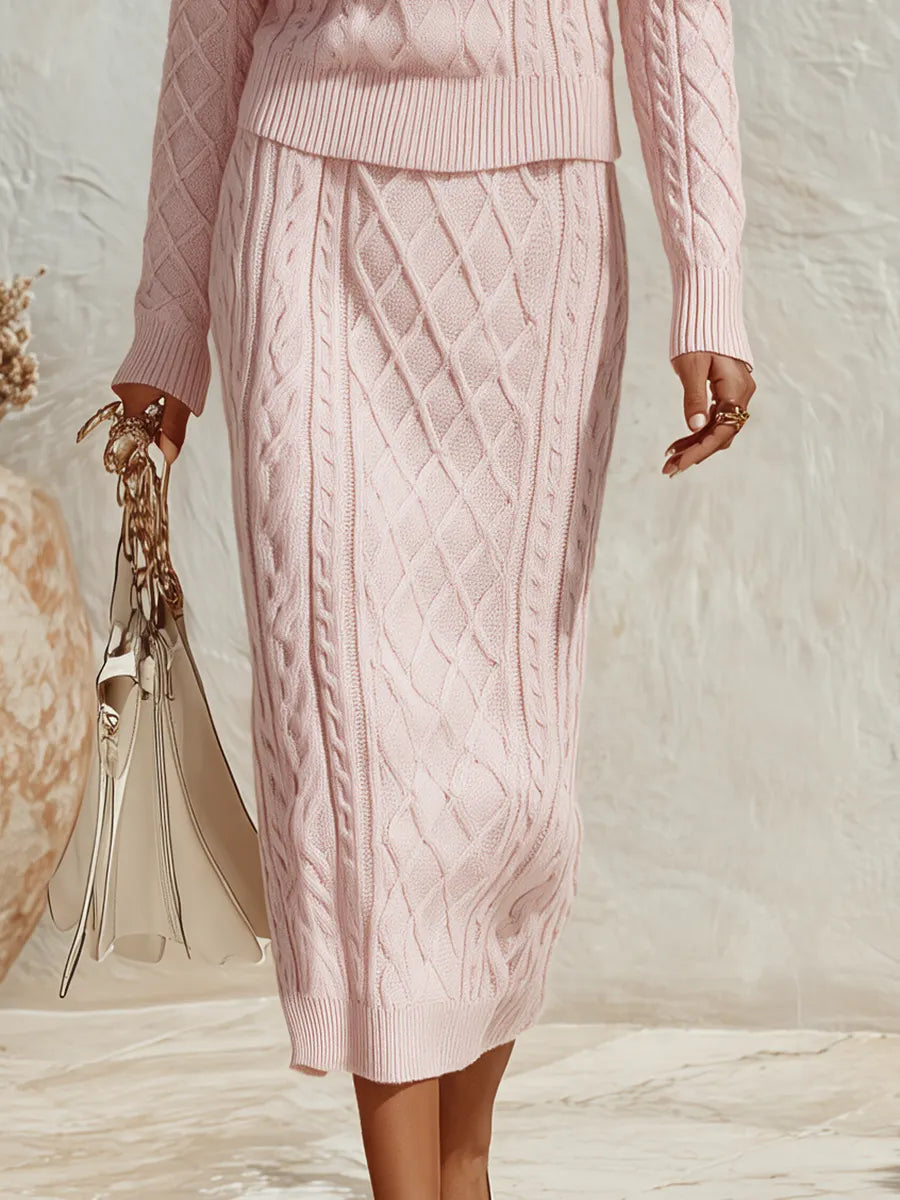 Resort-style Turtleneck Long-sleeved And Midi Skirt Knit Set
