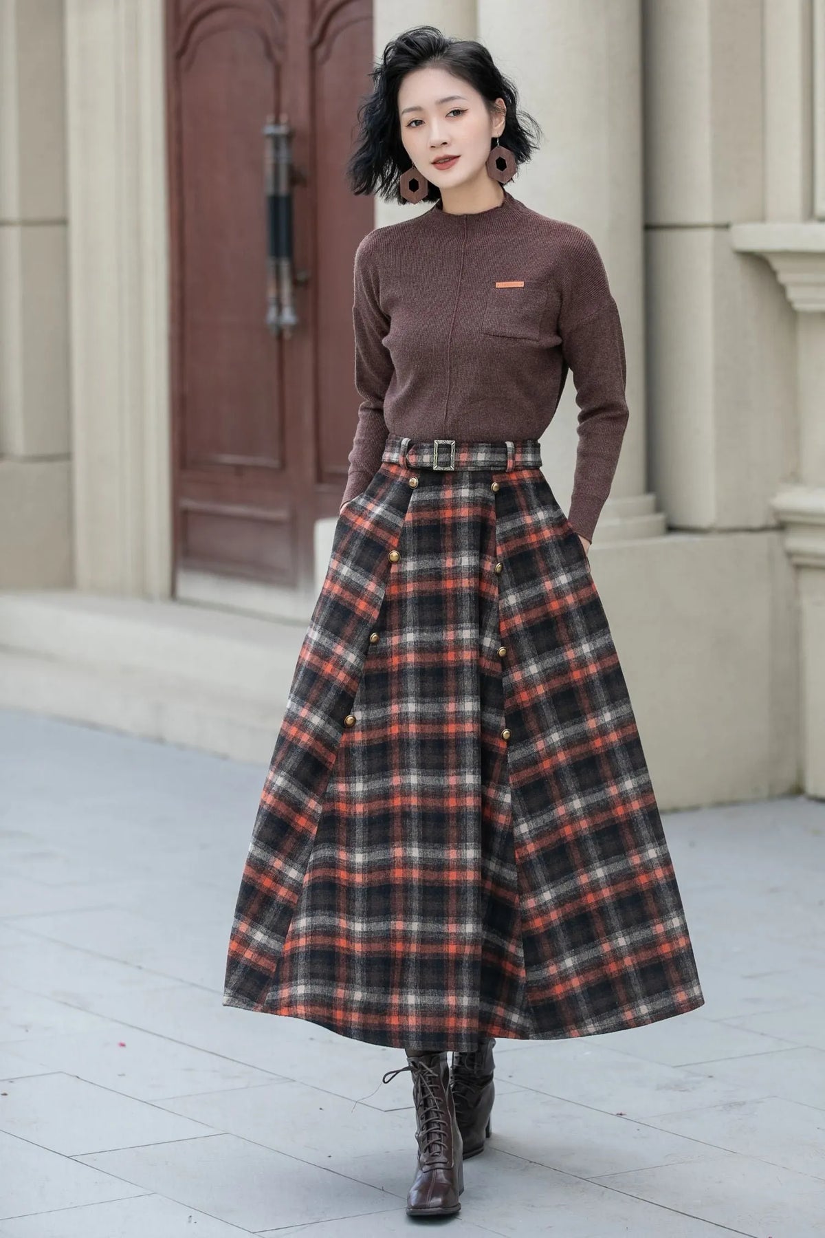 Plaid Wool Midi Skirt - A-Line Silhouette with Belt Waist 5355