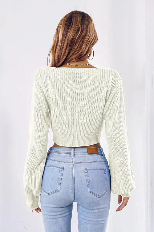 Long Cropped V-Neck Arm Sweater