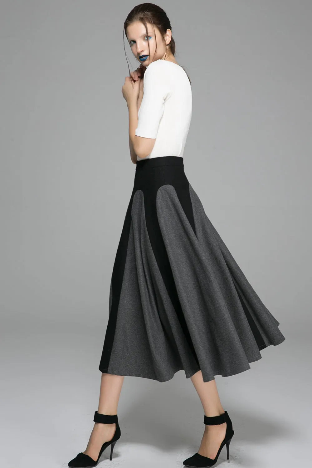 Handmade Two-Tone Gray Wool Maxi Skirt – Elegant Winter Swing Skirt 