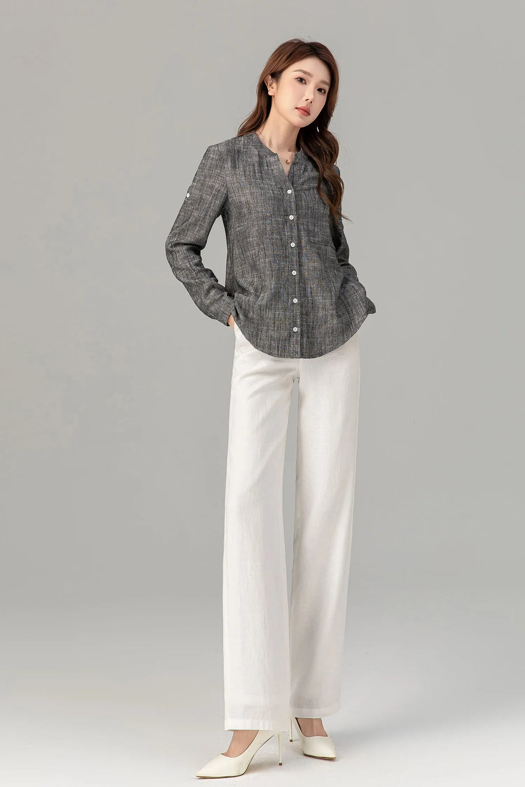 Charcoal Linen Blouse - Button-Down, Long Sleeve, Loose Fit 4915