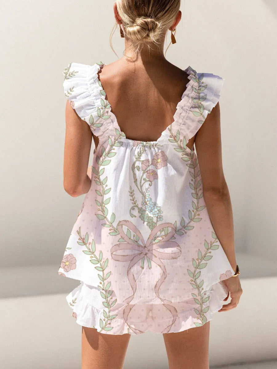 Pink Polka Dot Bow Flower Print Ruffled Trim Short Tank Top Shorts Pajama Set
