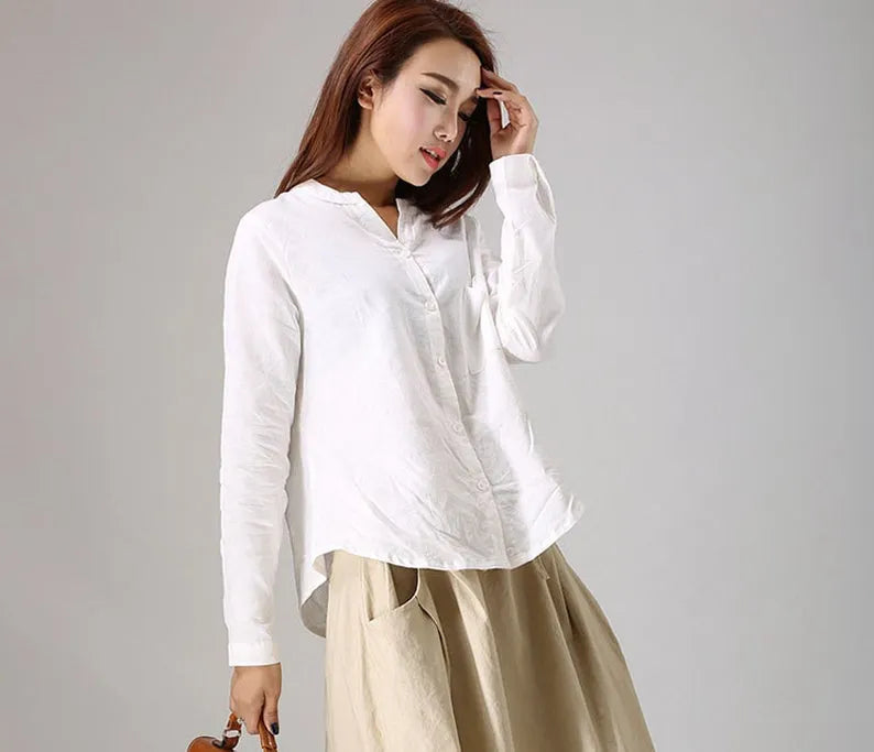White Linen Blouse - Button Front, Long Sleeve Shirt 779
