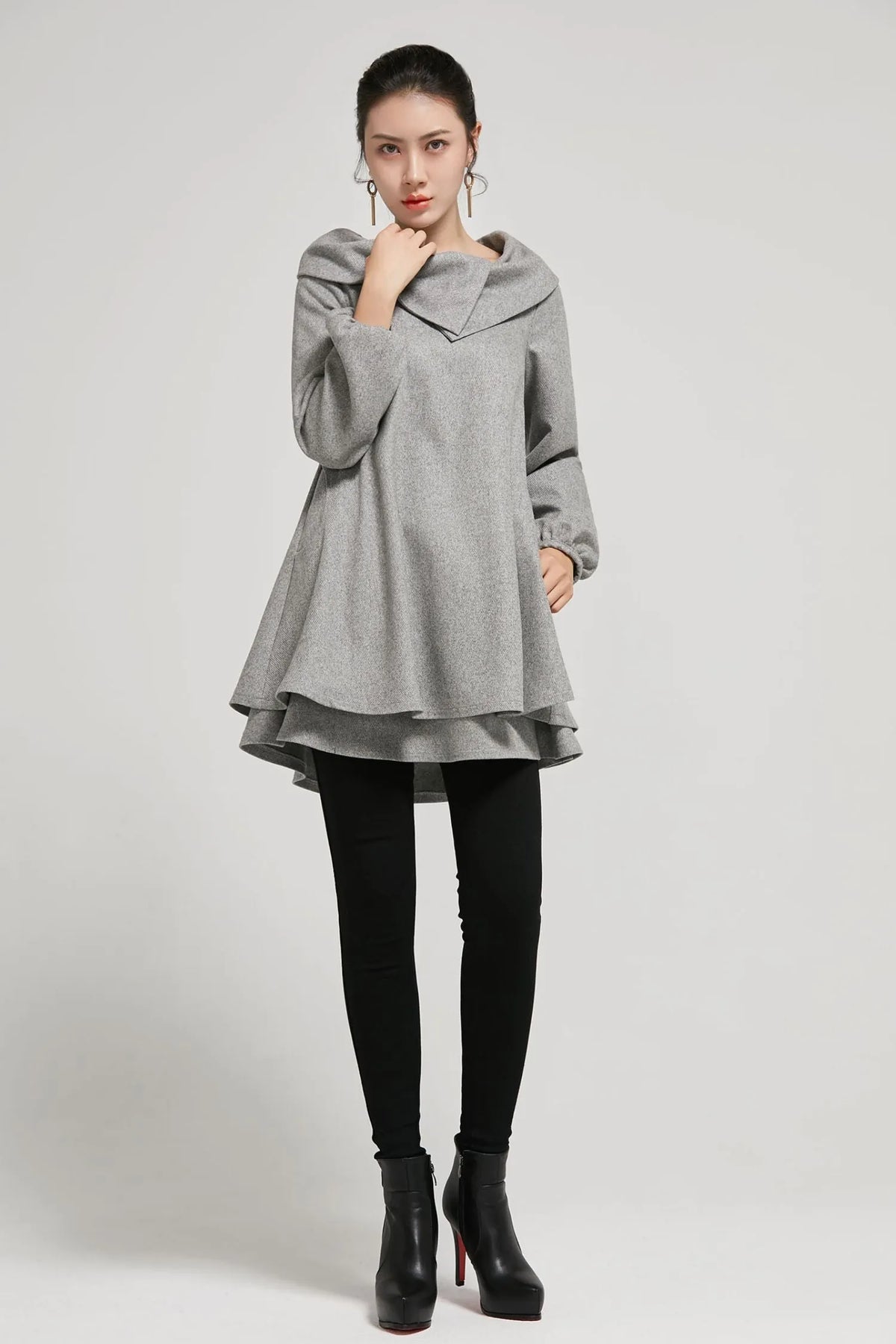 Grey Wool Tunic Dress - Asymmetric Collar & Oversized Silhouette 2310