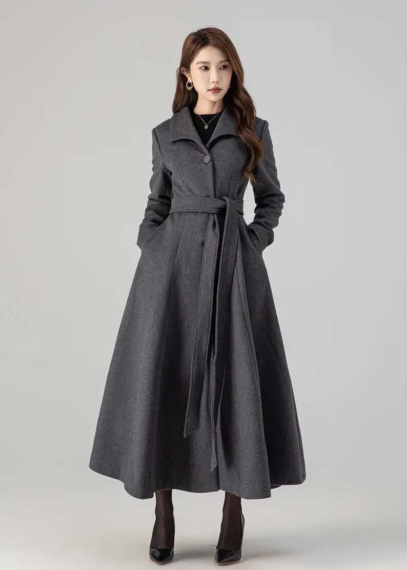 Vintage Gray Wool Blend Coat – Elegant Belted A-Line Maxi Coat 