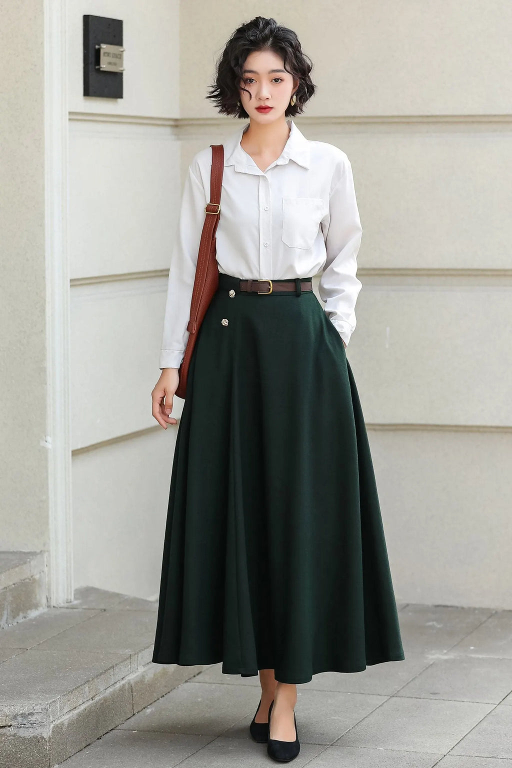 Dark Green Wool A-Line Ankle-Length Skirt - Flowy Elegant Winter Style 6976