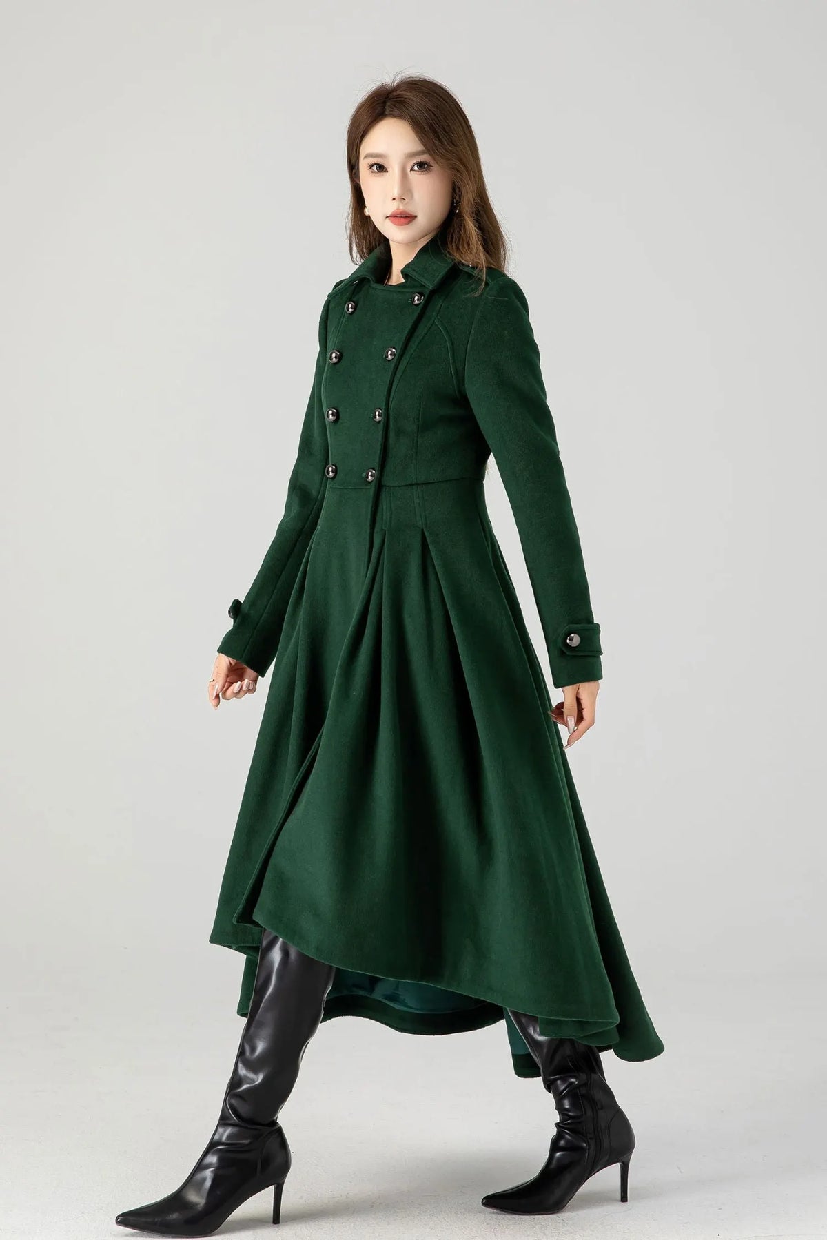 Green Wool Long Coat - Vintage Inspired A-Line Swing 4604
