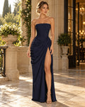 Strapless Ruched High Slit Maxi Dress