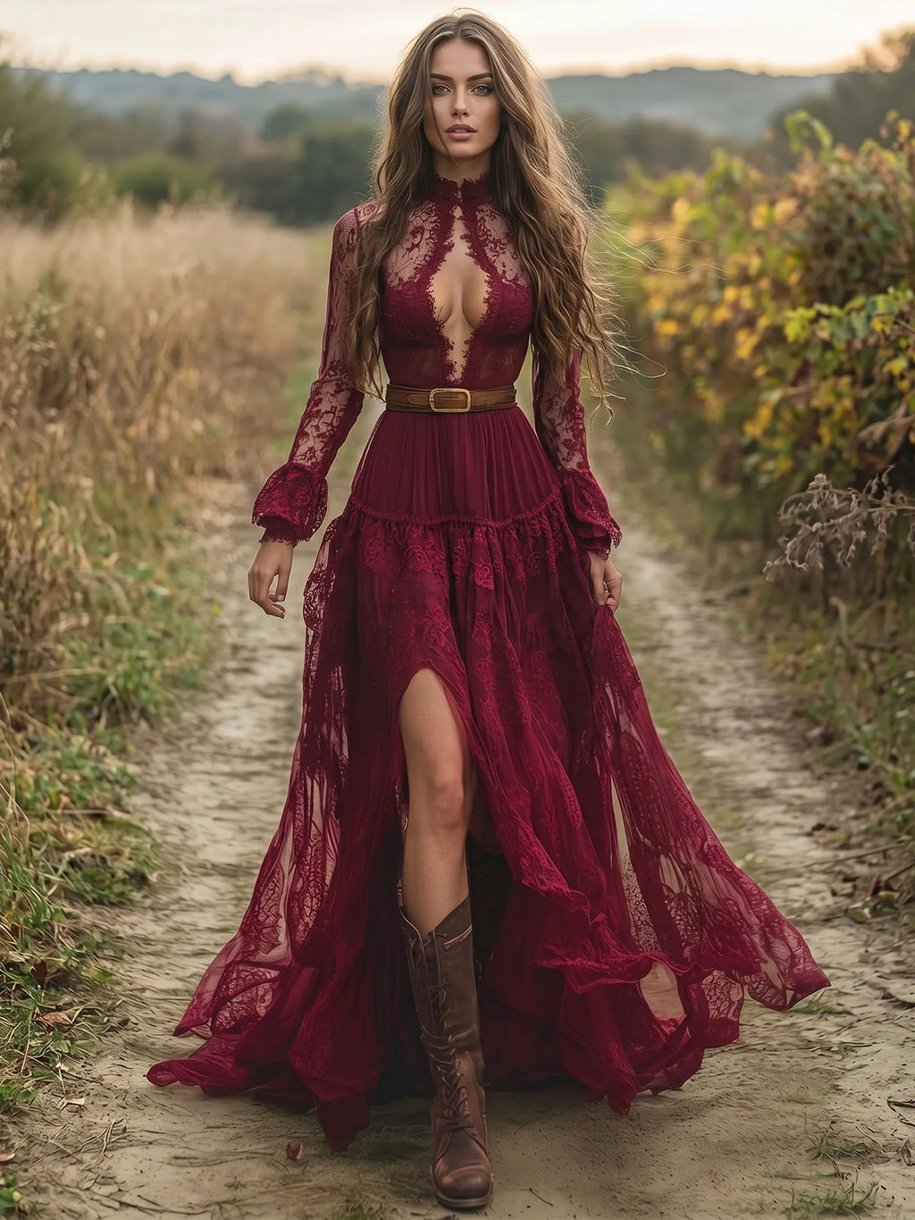 Festival Dress — Burgundy Mock Neck Keyhole Lace Dress Maxi Dress