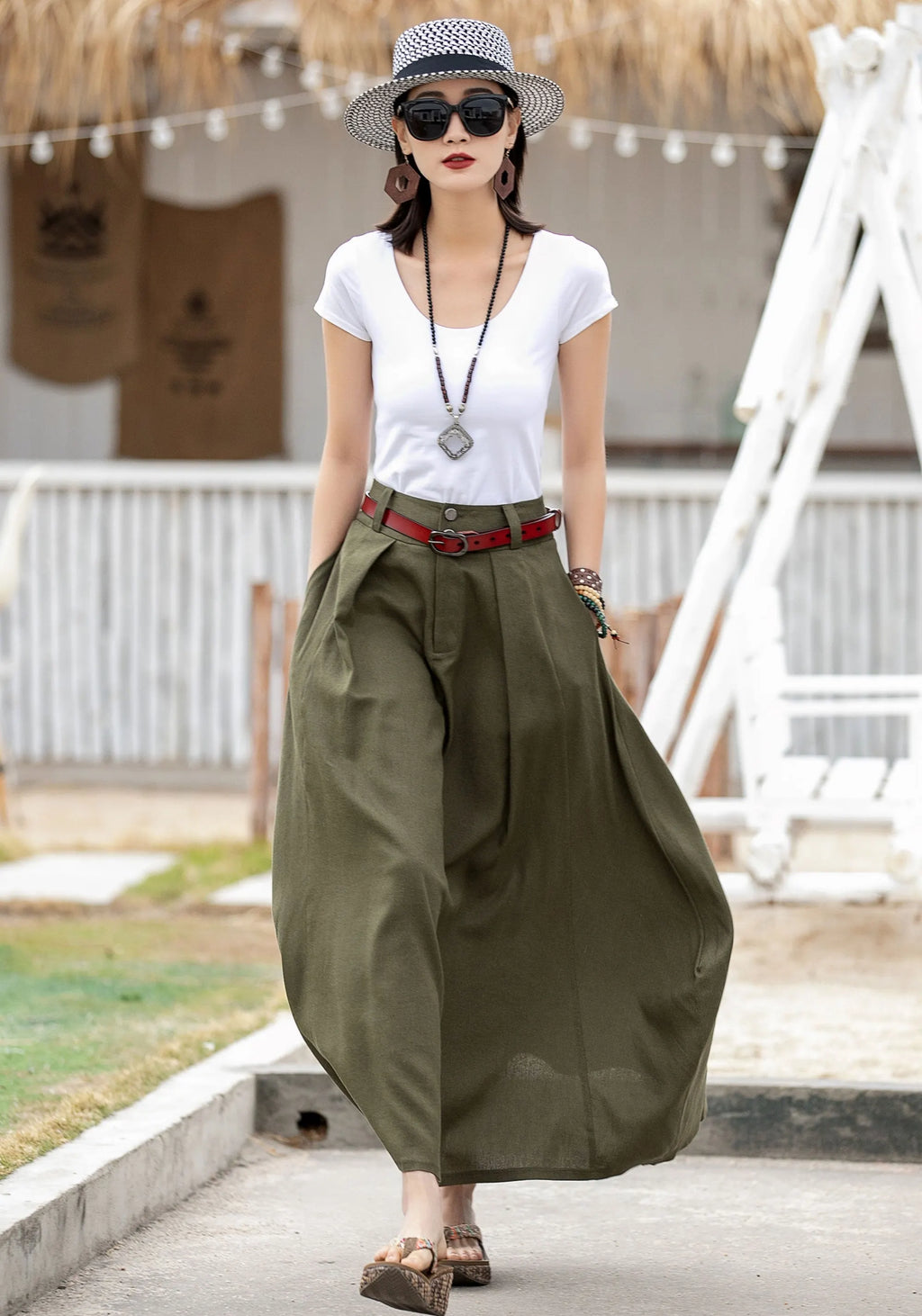 Olive Green Linen Cotton Skirt – Handmade A-Line Maxi Skirt for Women 