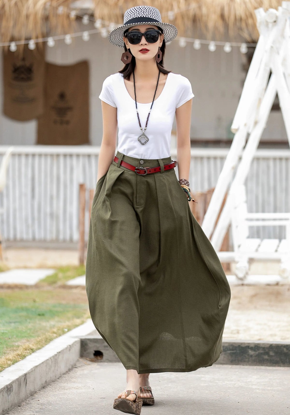 Olive Green Linen Cotton Skirt – Handmade A-Line Maxi Skirt for Women 
